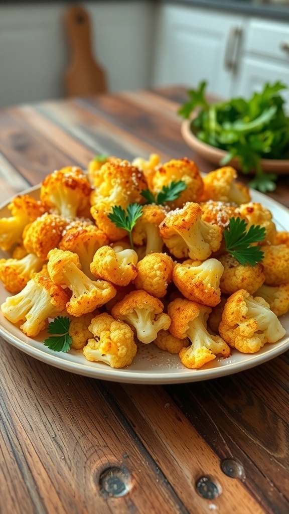 Roasted cauliflower with nutritional yeast, garnished with parsley, on a rustic wooden table.